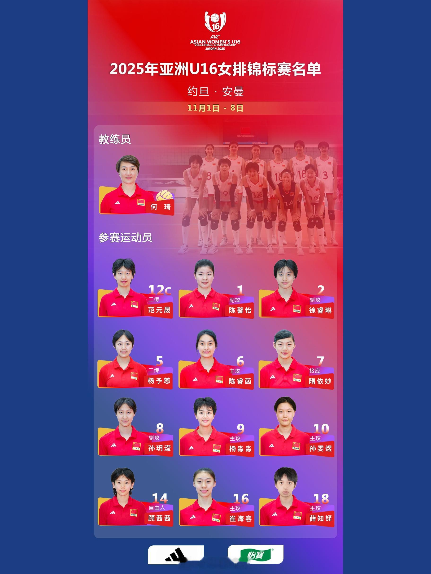 【中国队公布2025U16女排亚锦赛 参赛名单】2025年第二届亚洲16岁以下级