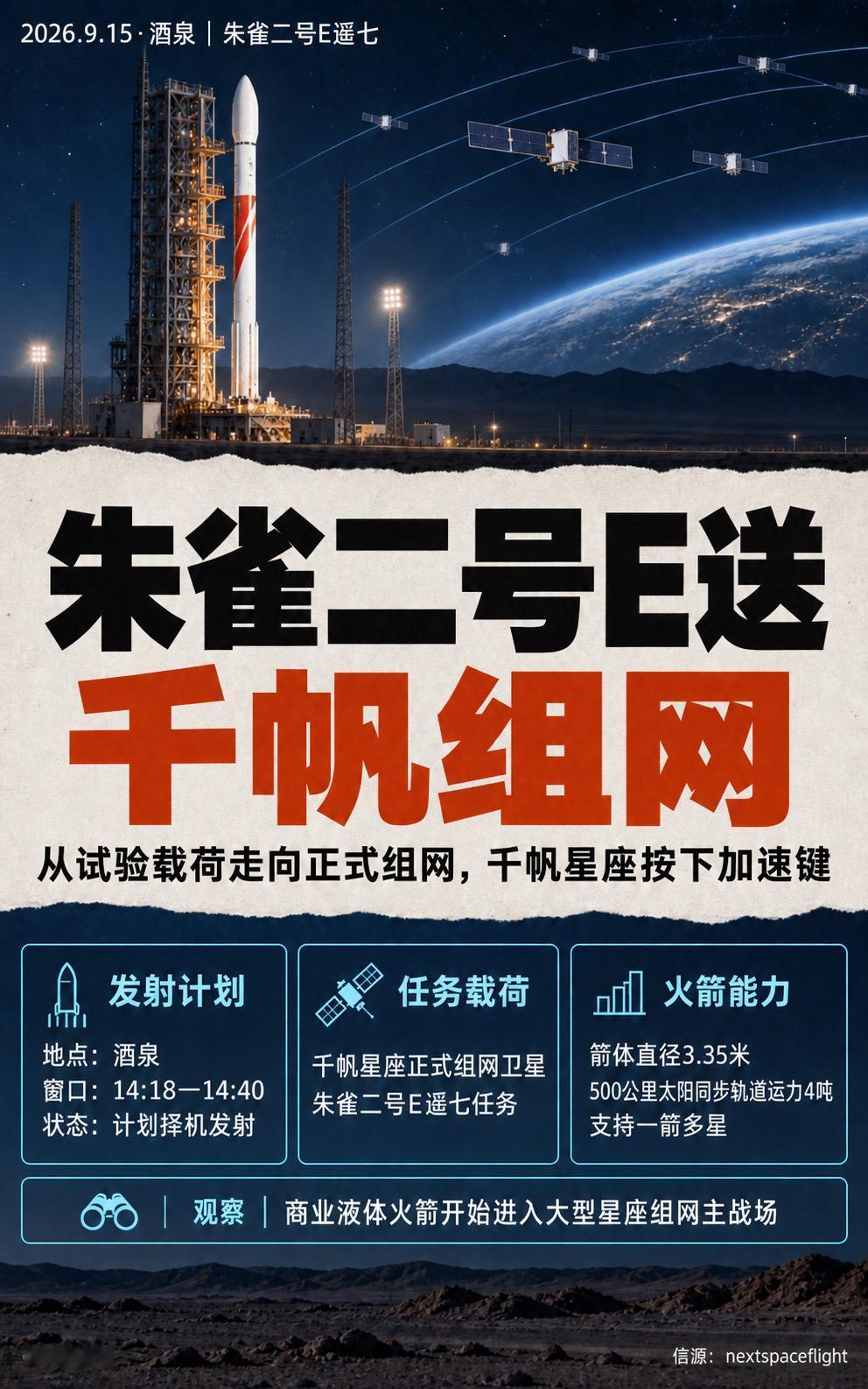 朱雀二号E遥七计划于9月15日在酒泉择机发射，公开航警显示窗口为14时18分至1