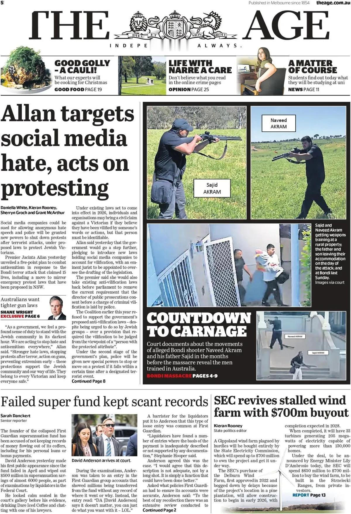 澳大利亚悉尼邦迪海滩惨案中凶犯为了犯案，还亲自学习枪械训练。
澳大利亚《时代报》