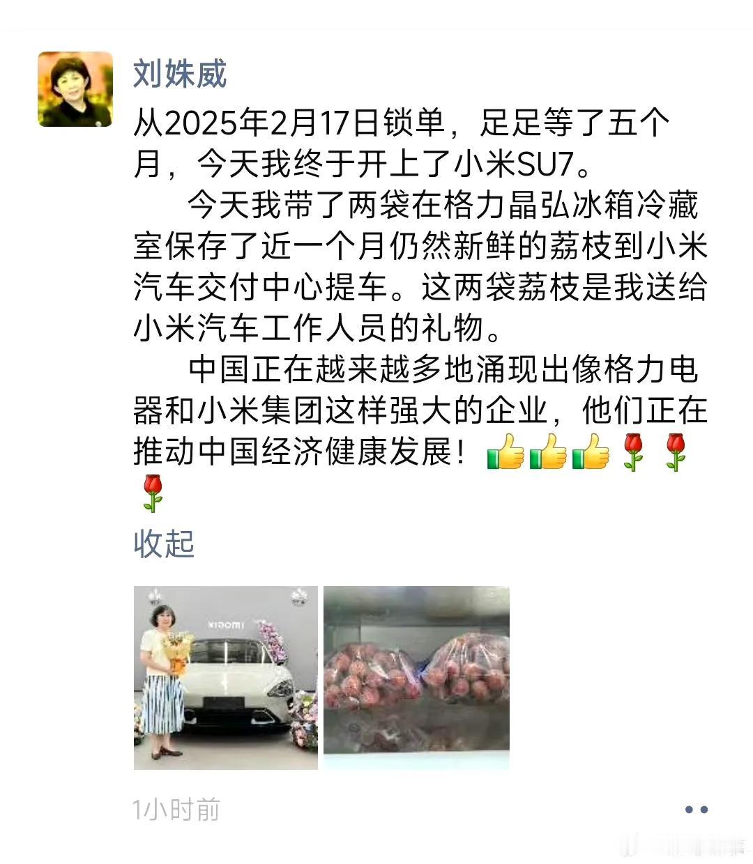 刘姝威教授提车小米SU7，

带了两袋在格力晶弘冰箱的冷藏的荔枝给小米汽车工作人