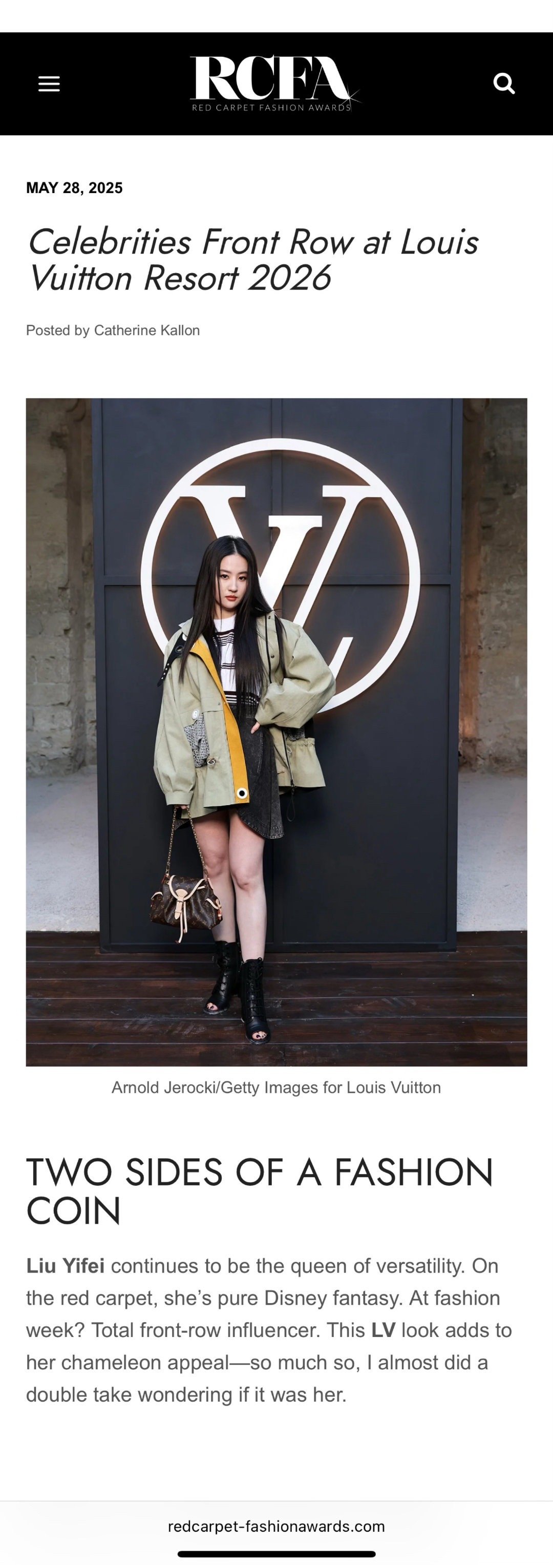 国际时尚媒体RCFA点评代言人刘亦菲Louis Vuitton 造型：“时尚的A