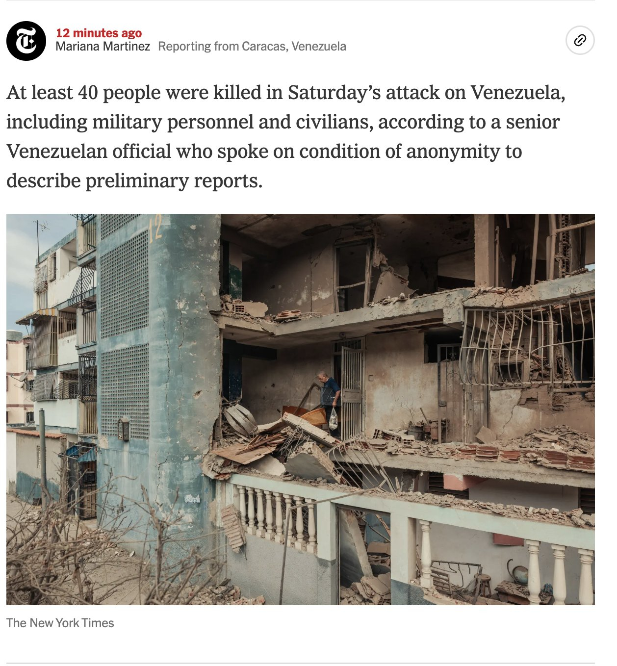 委美冲突  据一名委内瑞拉高级官员称,周六对委内瑞拉的袭击造成至少40人死亡,其