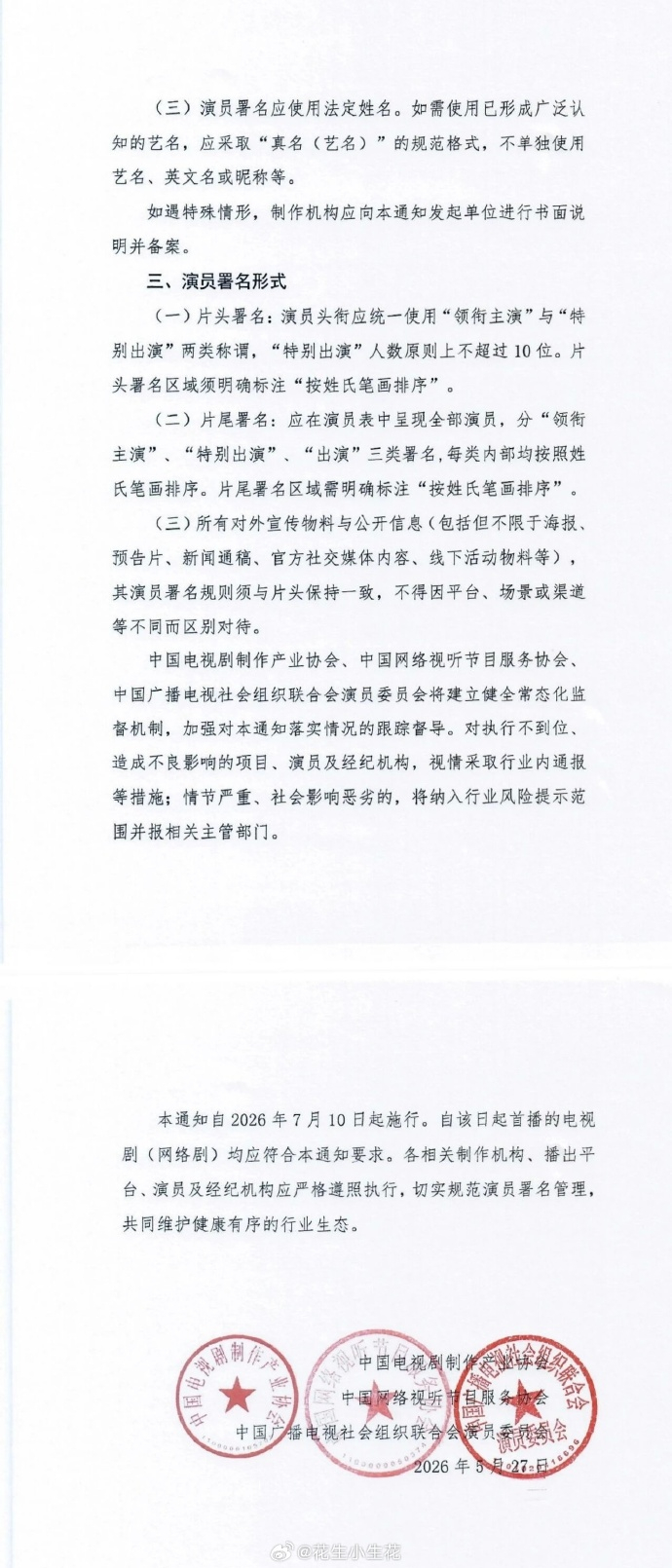 演员署名和排序规则规范演员署名通知