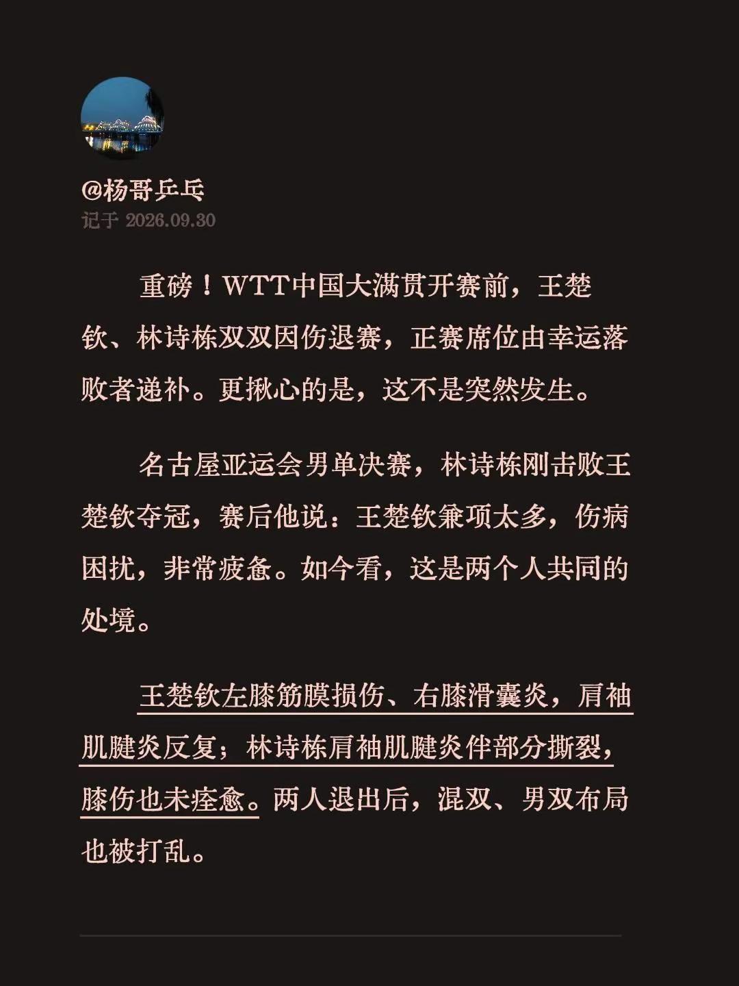 重磅！WTT中国大满贯开赛前，王楚钦、林诗栋双双因伤退赛，正赛席位由幸运落败者递