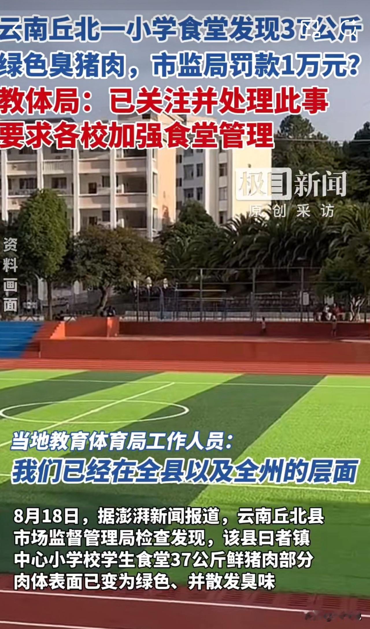 惊！小学食堂现37公斤绿色臭猪肉，罚款1万后教体局回应了！

据媒体最新报道，云