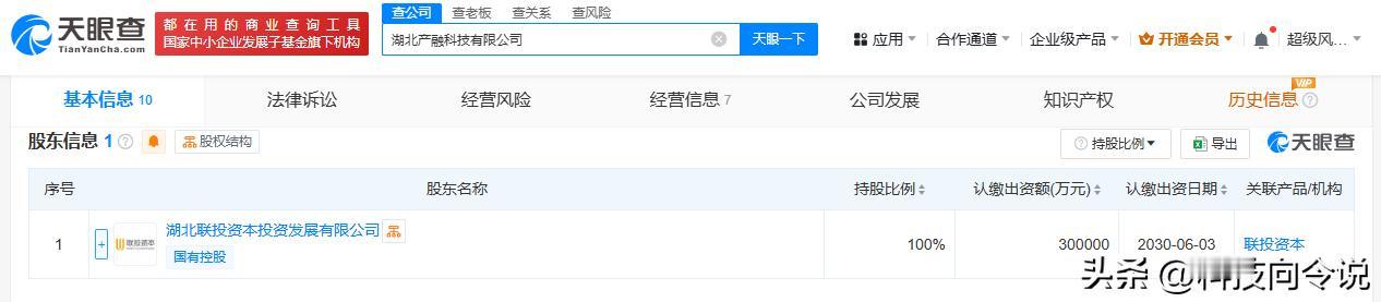 【湖北联投资本成立产融科技公司 注册资本30亿】
天眼查App显示，近日，湖北产