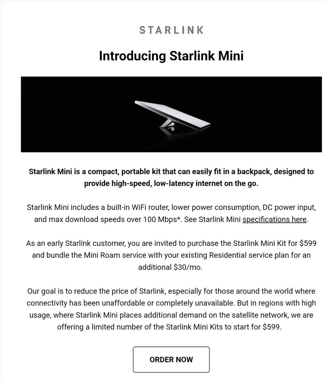 SpaceX将于7月开始销售“星链” Mini终端，售价为599美元。比标准星链