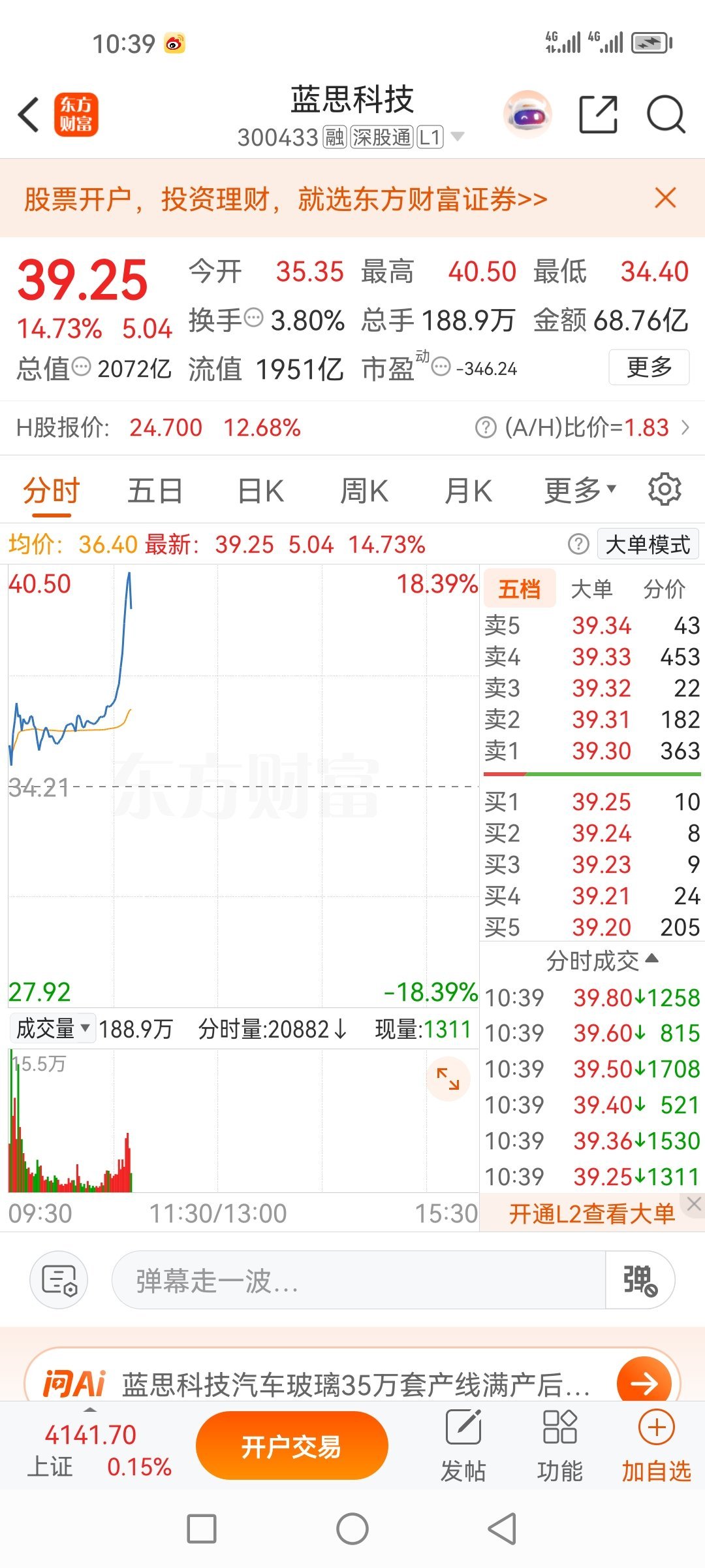盘前分享的蓝思科技300433，就问你们牛不牛？一下就十几个点了。妥妥的大肉票啊