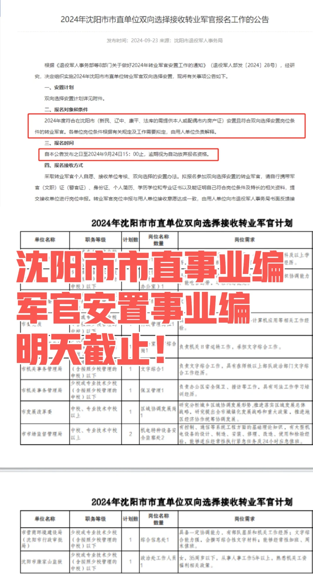 24年沈阳市直事业编军官安置❗️明天截止