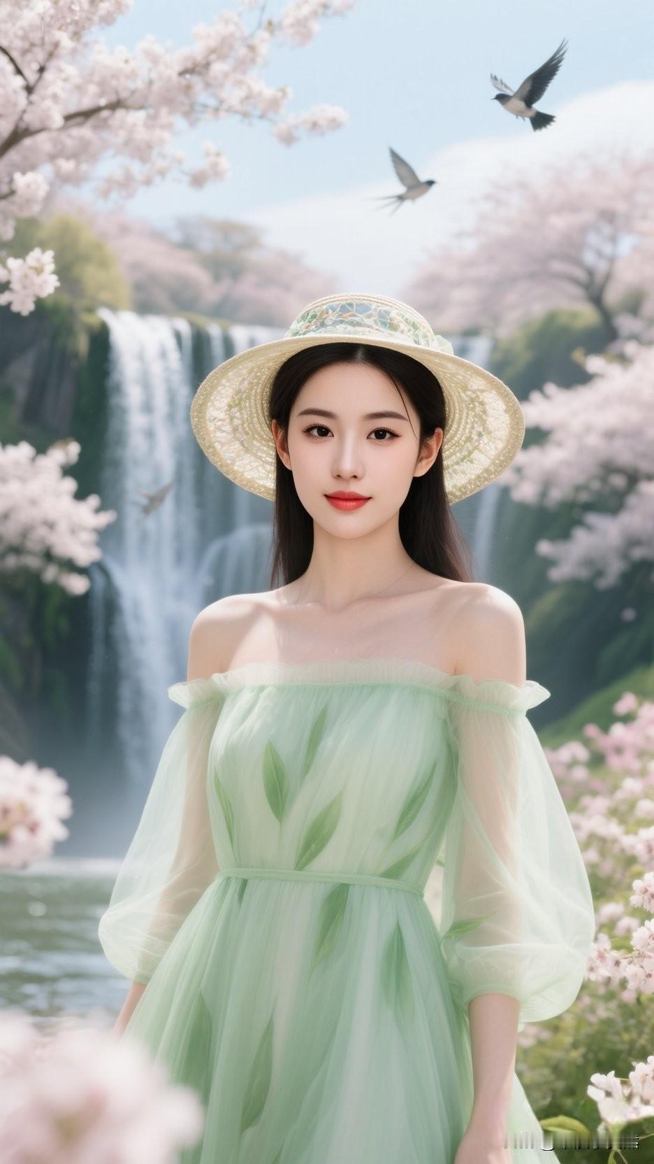 绿衣美人立，花影落清溪。最是人间一抹情，动人心弦难忘怀。绿裙花影