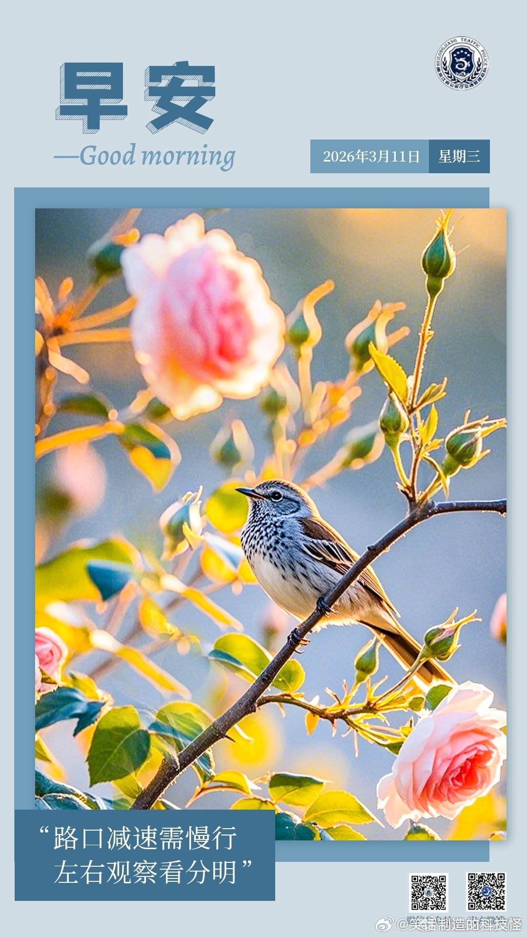 早安 路口减速需慢行，左右观察看分明。早安早安心语早安高小黑早安龙江 （