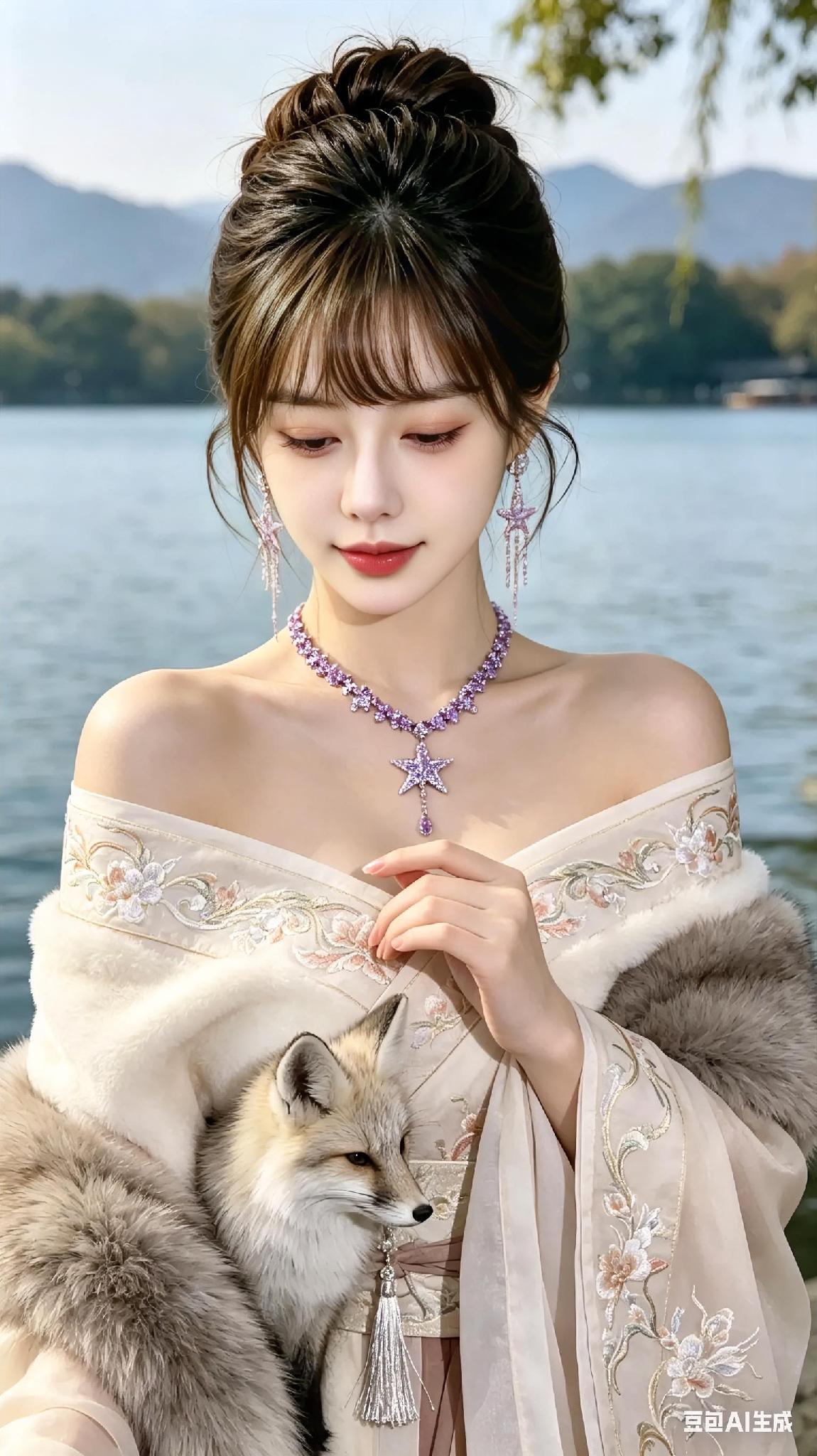 湖畔美人抚狐，星月相伴。
湖边汉服美人 
湖畔美人照 
湖畔丽人照 
湖芦美人 