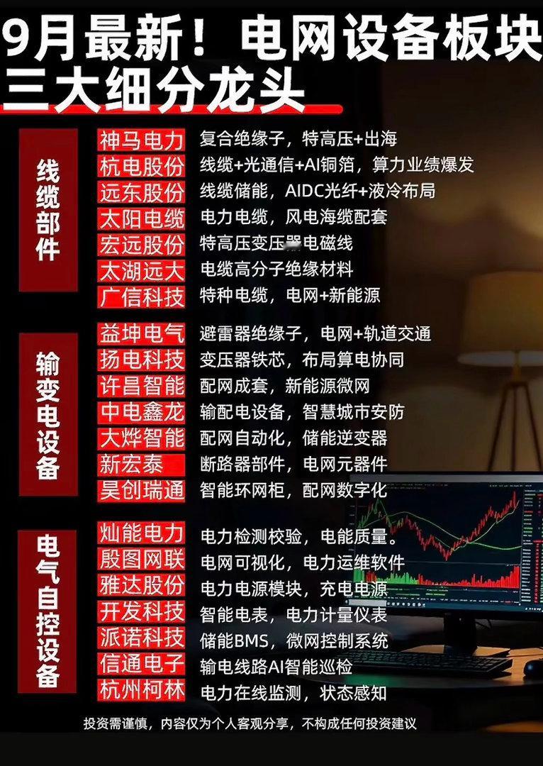 9月最新电网设备板块三大细分龙头。翻了下9月刚更新的机构研报，电网设备板块里三个