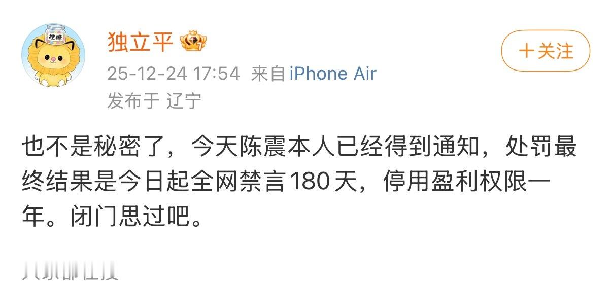 陈震最终的处罚结果是全网禁言180天，停用盈利权限一年。这个处罚力度可以说很轻了