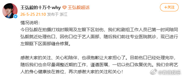王弘毅方回应脸被划伤王弘毅已进行面部缝合修复 25日，王弘毅脸被划伤引热议。刚刚