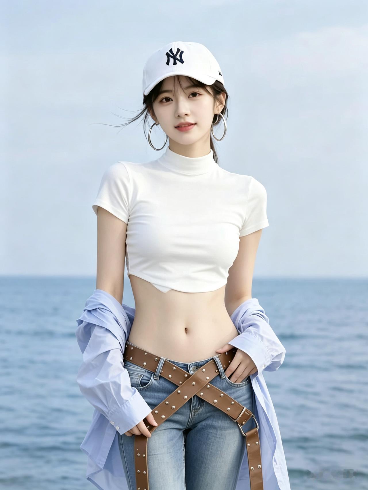 海边清新人像，女生白短上衣外搭浅蓝衬衫、牛仔裤配铆钉腰封，头戴白棒球帽，手扶衣身