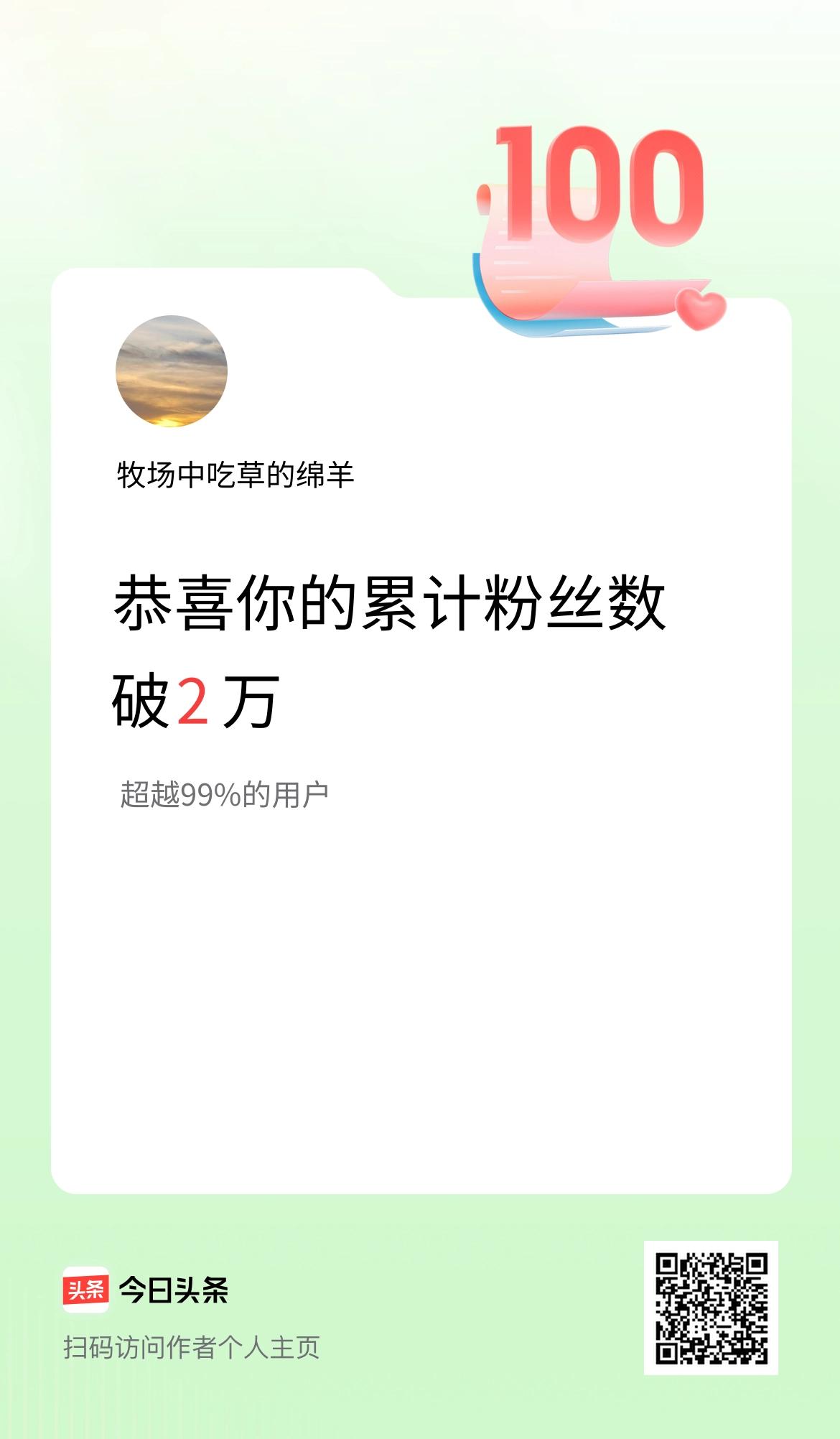 我在头条累计粉丝数破2万啦！