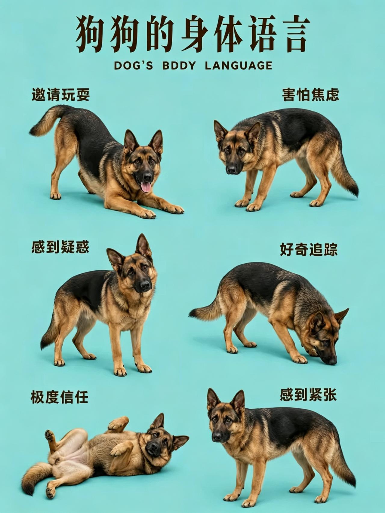 看图知狗性。
图中介绍了狗的一些常有动作即代表它的语言，养狗的朋友掌握它的动作你