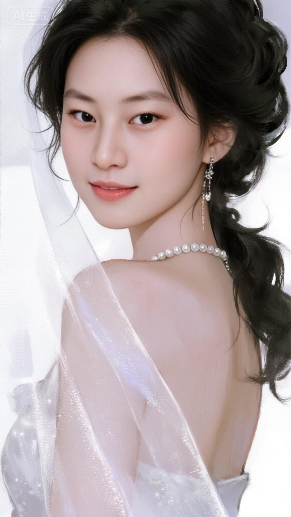 优雅黑发美人，珍珠项链闪耀，白色薄纱裙摆飘逸。