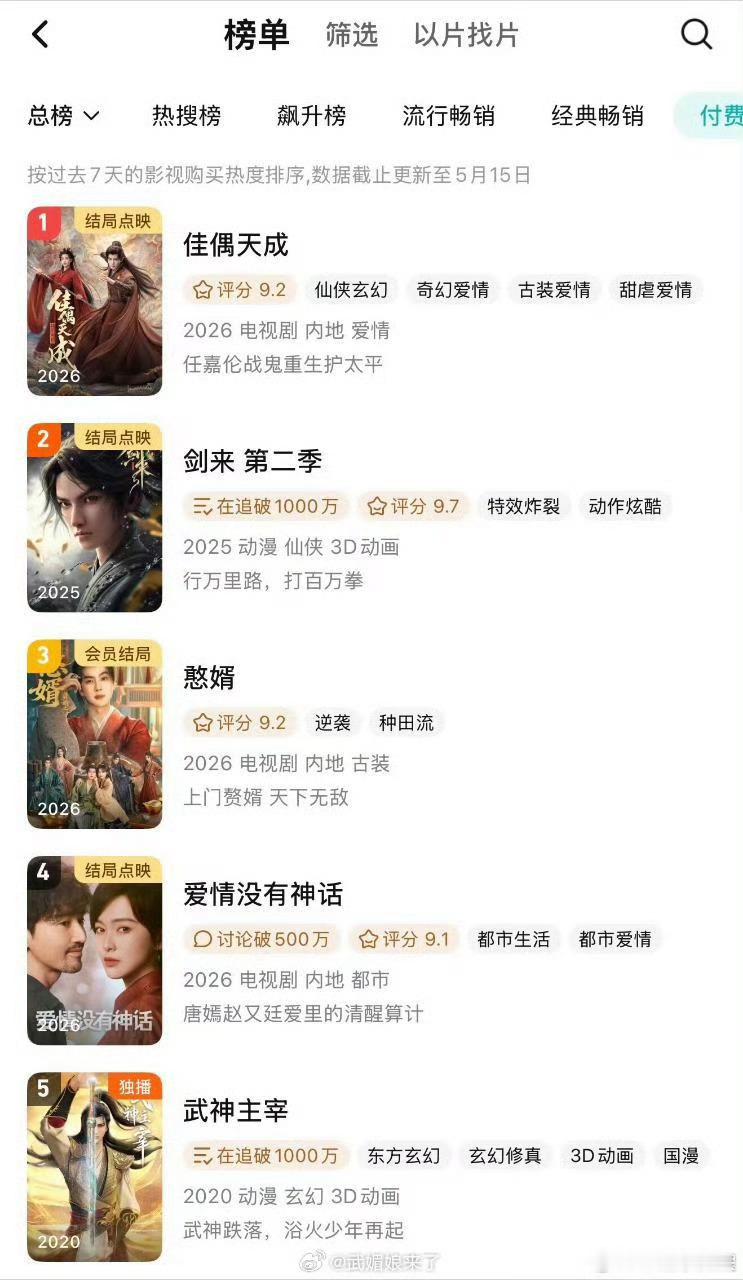 任嘉伦《佳偶天成》登上腾讯付费榜第一自来水进场拦都拦不住