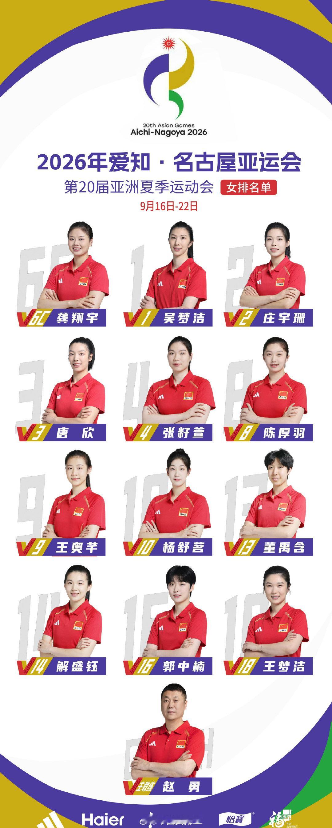 亚运中国女排大名单  公布2026亚运会大名单，赵勇担任主教练。本届赛事，中国女