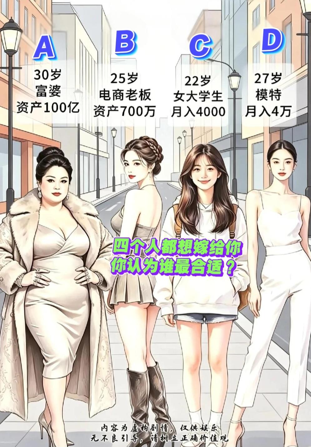 这四个美女都想跟你回家，相伴一生，你会选择哪一个？说说你的理由。