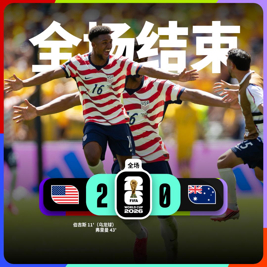 世界杯小组赛：美国 2-0 澳大利亚
澳大利亚队球员伯吉斯自摆乌龙 
美国队球员