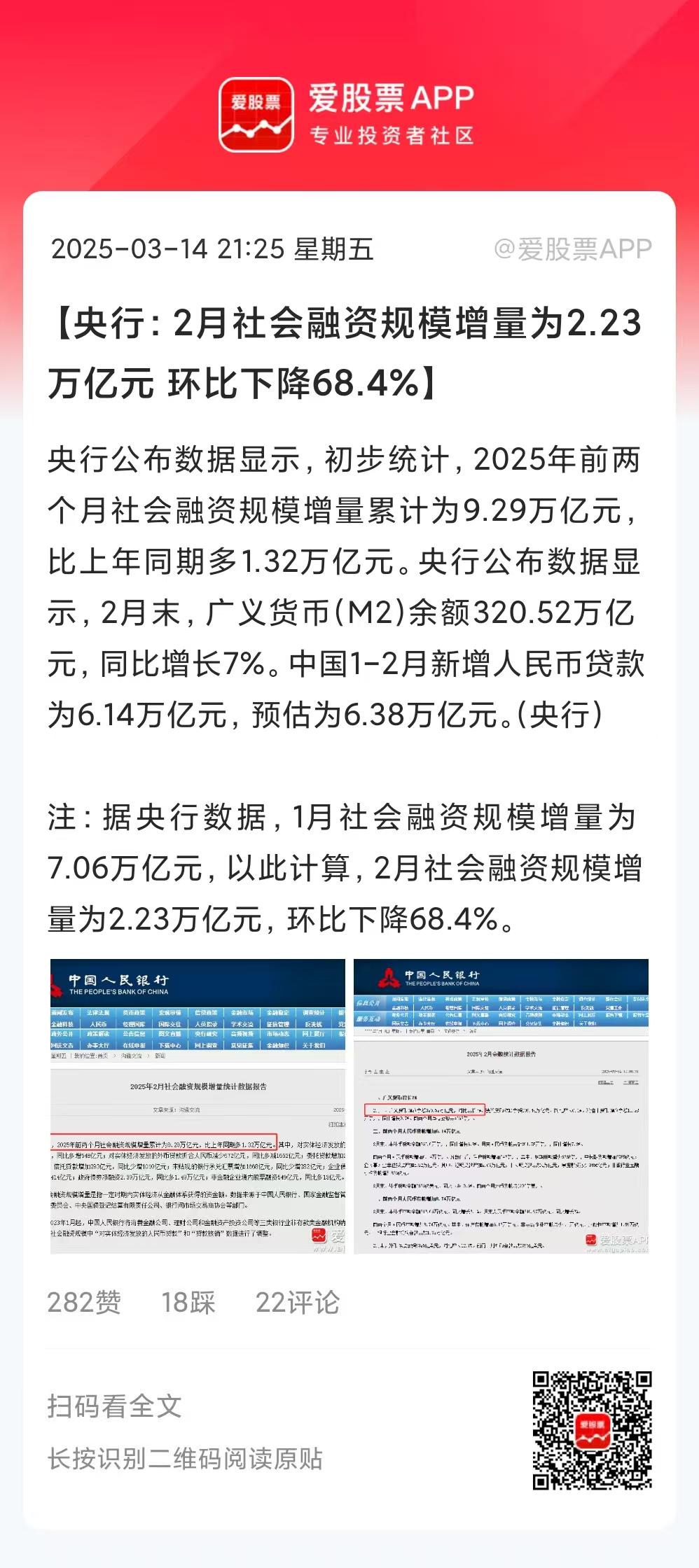 二月份是春节，工厂停业，商店关门，社融规模下降是情理之中，没什么过度解读的。
而