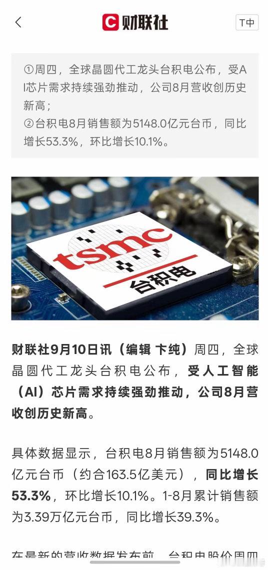 AI芯片需求持续旺盛！台积电8月营收同比猛增53% 创历史新高，而华尔街的机构们