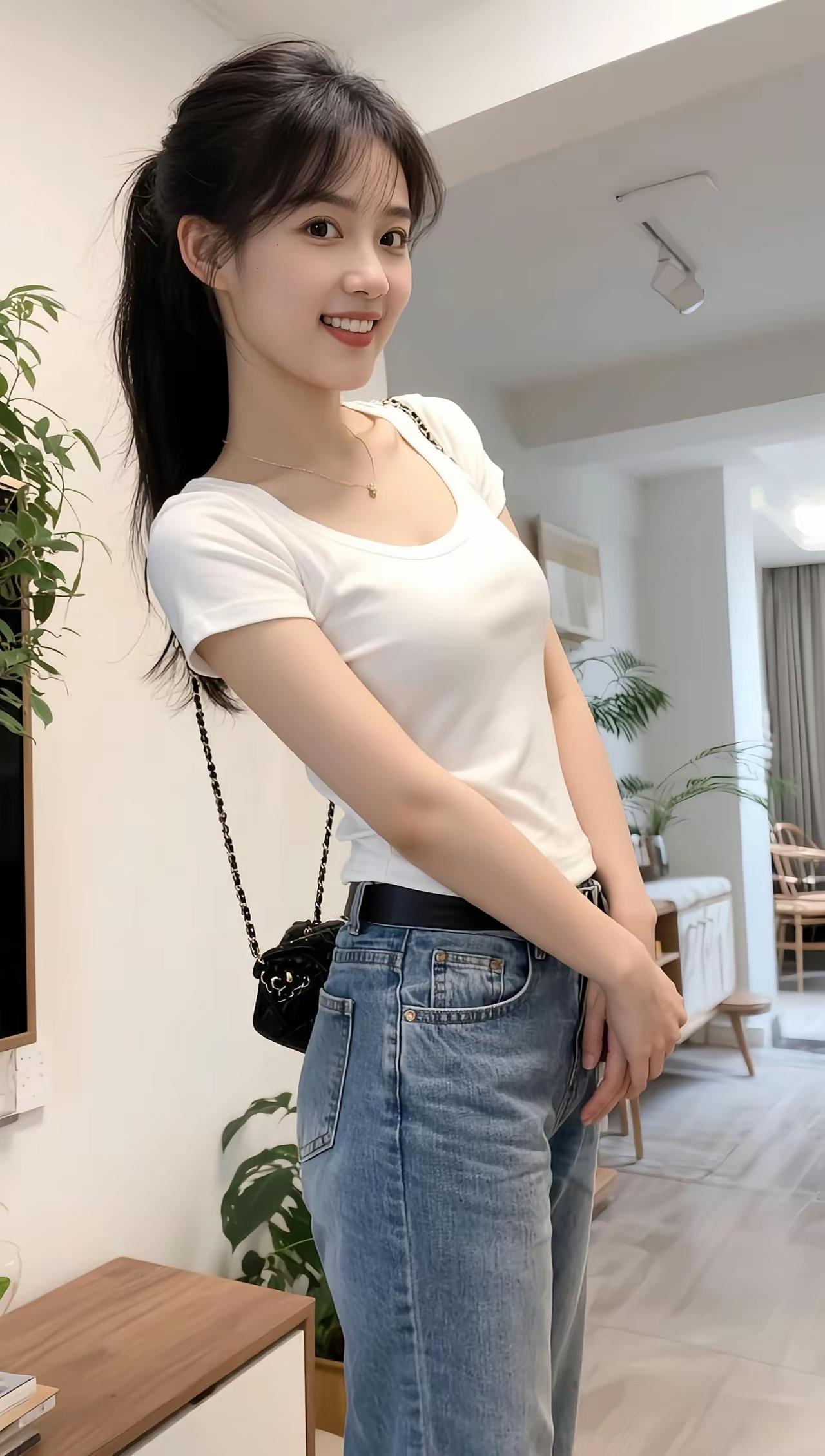 清新简约风穿搭，白色T恤+牛仔裤，轻松自然！🌞👗👖