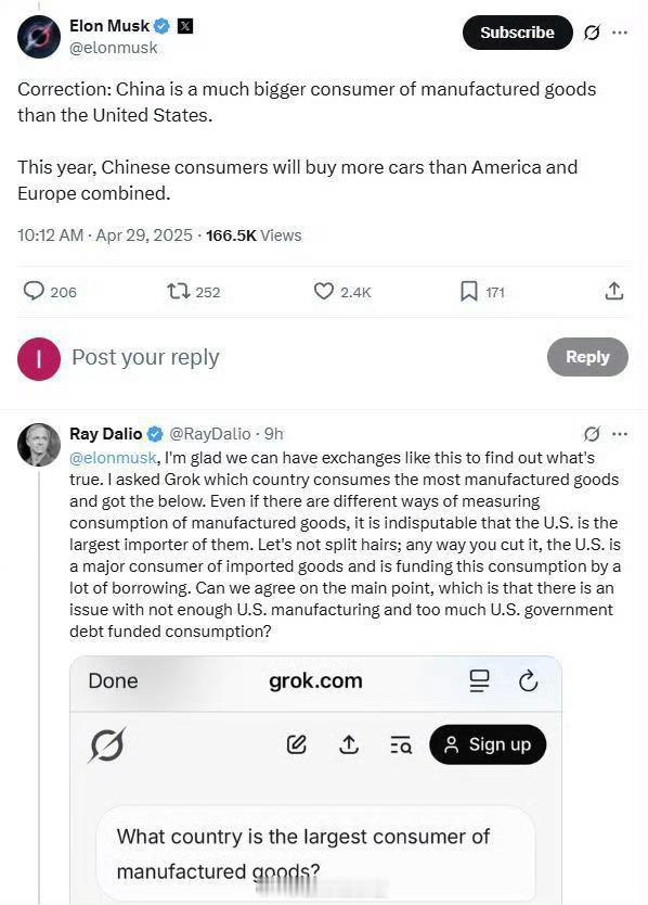 马斯克对于达利欧的观点迅速提出异议。他在回帖中表示，中国在工业制成品消费方面远超