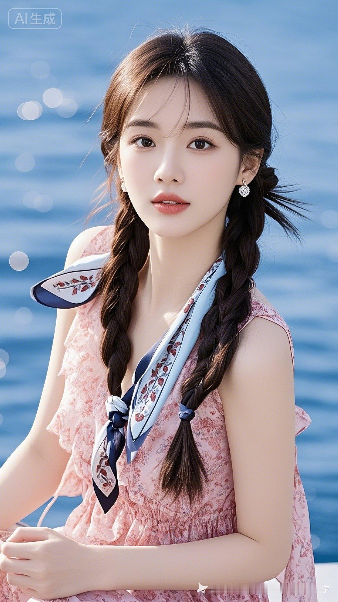 精干女人身着粉色薄款碎花连衣裙，完美身材曲线玲珑，冷白皮透着柔光。蓝光勾勒高雅轮