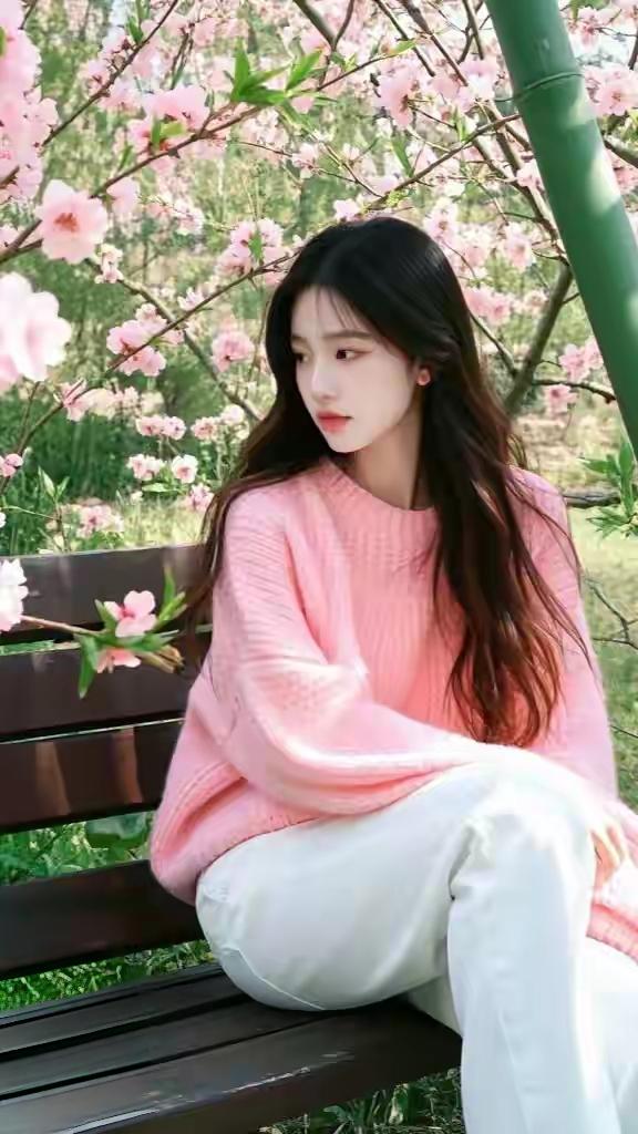 樱花树下，粉衣少女，静享春日暖阳。🌸🌸🌸