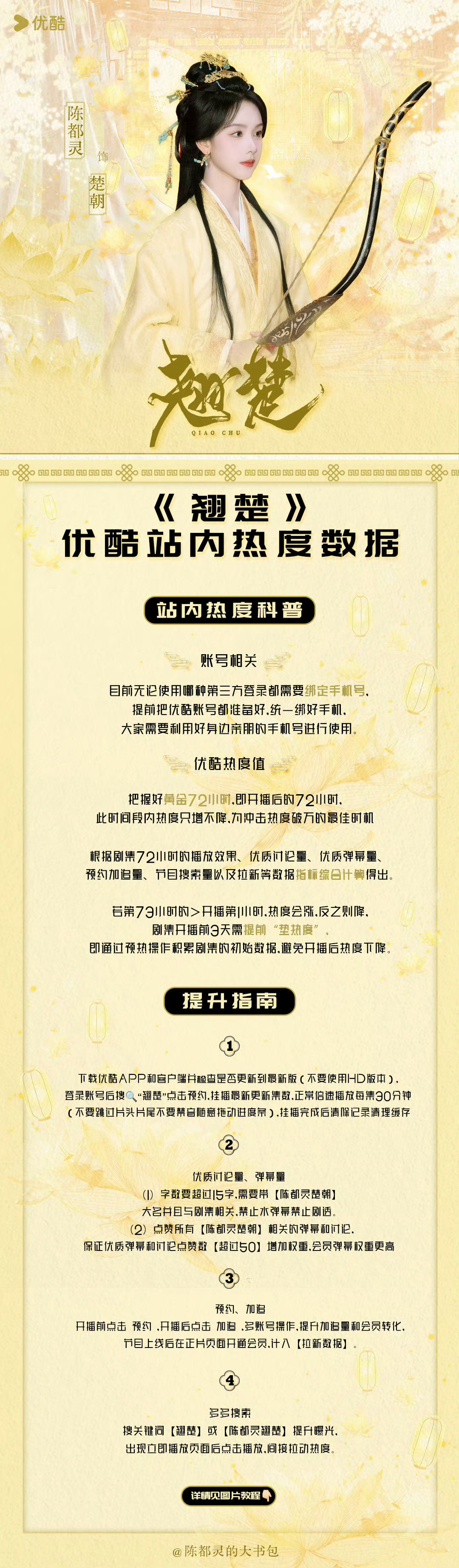 陈都灵翘楚都来先垫热度，开播后把握黄金72小时，争取最快时间破万，多个设备可以使