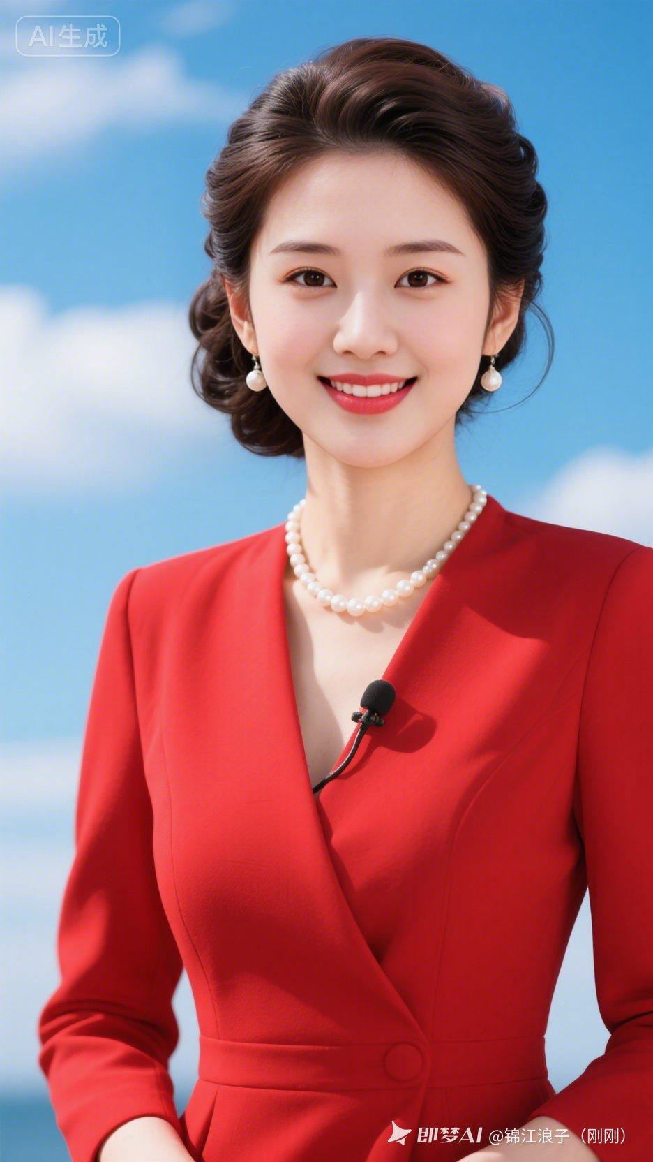 美女身着鲜红色职业正装，烫发精致挽起，五官精巧，明眸亮睫，笑容温柔温婉。佩戴珍珠