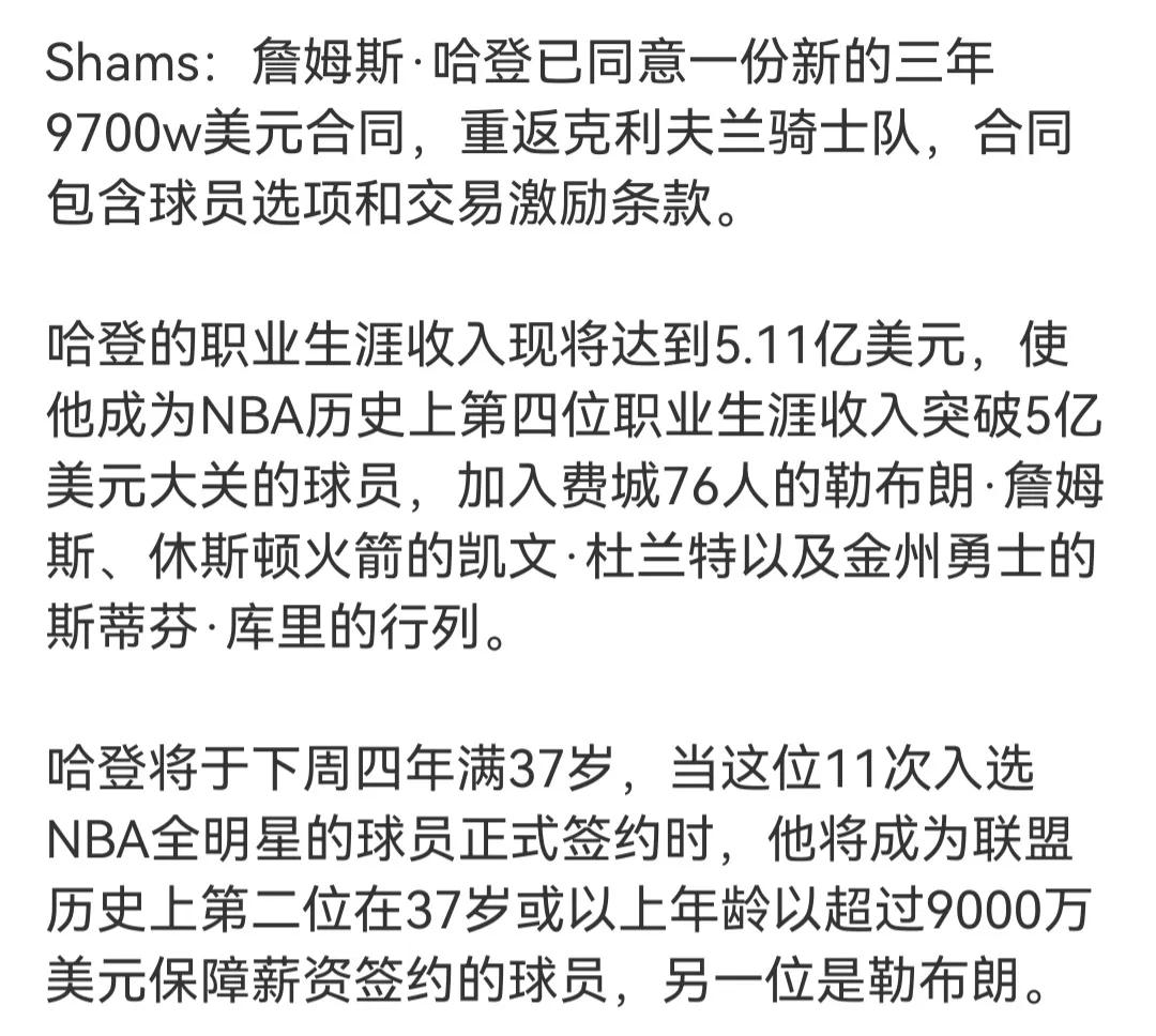 哈登现在也就3000万一年了。

这算是中产合同，三年后就是底薪。

如今nba