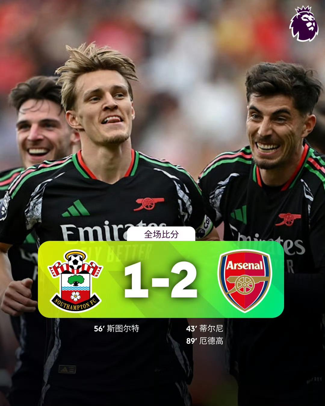 全场比分丨南安普顿 1-2 阿森纳⚽第43分钟，本·怀特右路传中，蒂尔尼中路抢点