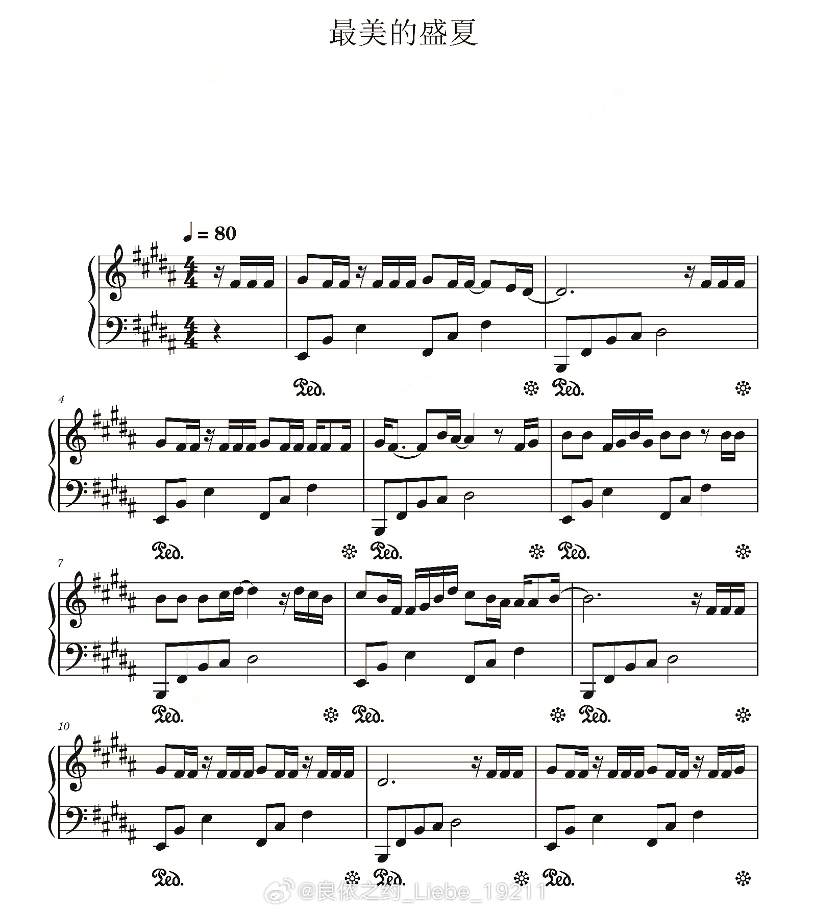 钢琴谱：《最美的盛夏》刘宇，B调，李建衡作曲；钢琴 钢琴教程 音乐推荐 钢琴谱 