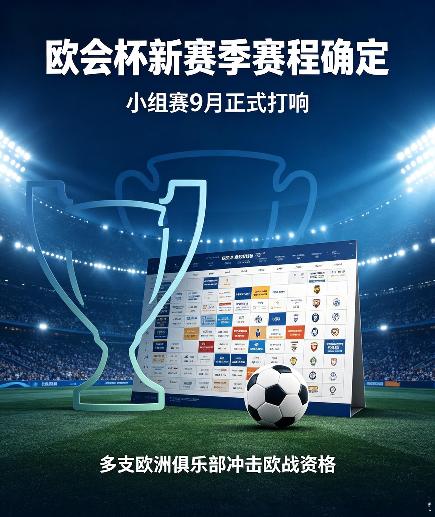欧足联官方公布新赛季欧会杯赛程框架，小组赛定于9月开启，众多欧洲中小型俱乐部争夺