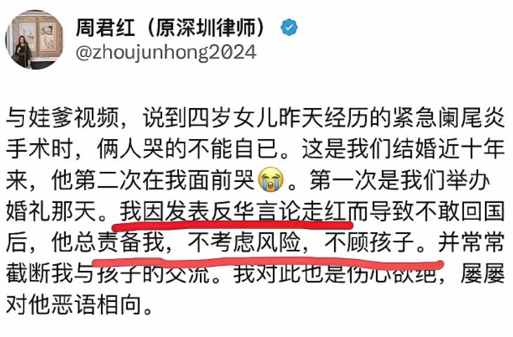 自作孽，不可活！

曾经的律师周君红哭诉自己因为反华言论无法回国，可她并未得到同