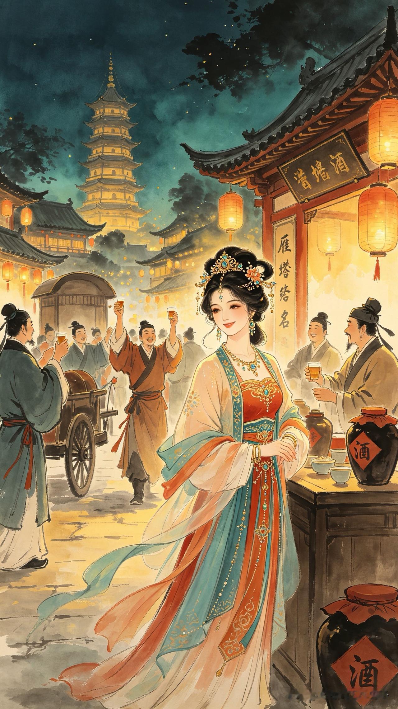 胡姬酒肆笑当垆，
雁塔题名士子呼。
西域驼铃摇落日，
    
…………请师友续