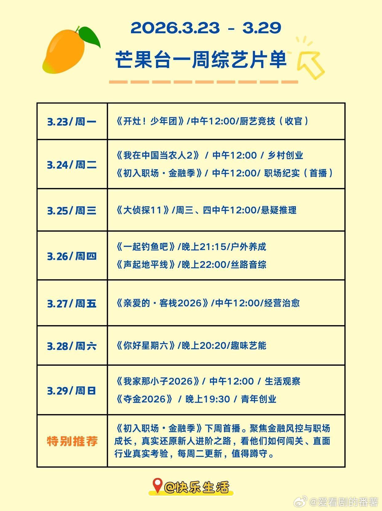 🎬 芒果台下周综艺速览 | 3.23-3.29✨ 下周重点收官：《开灶！少年团