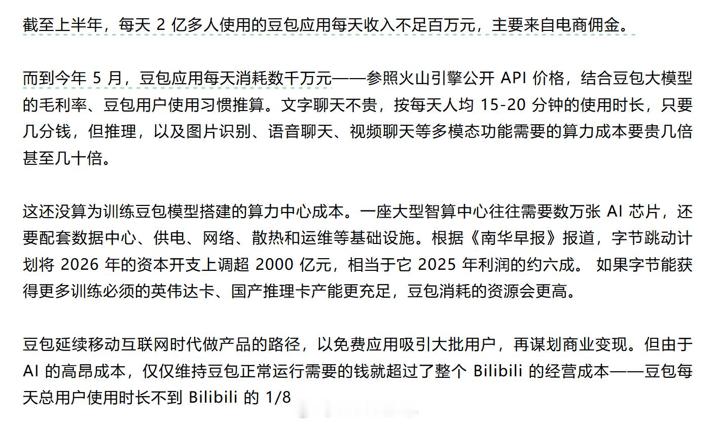 豆包每天收入不足百万算力本身开销就很大，而且豆包和其他 AI 大模型的盈利模式不
