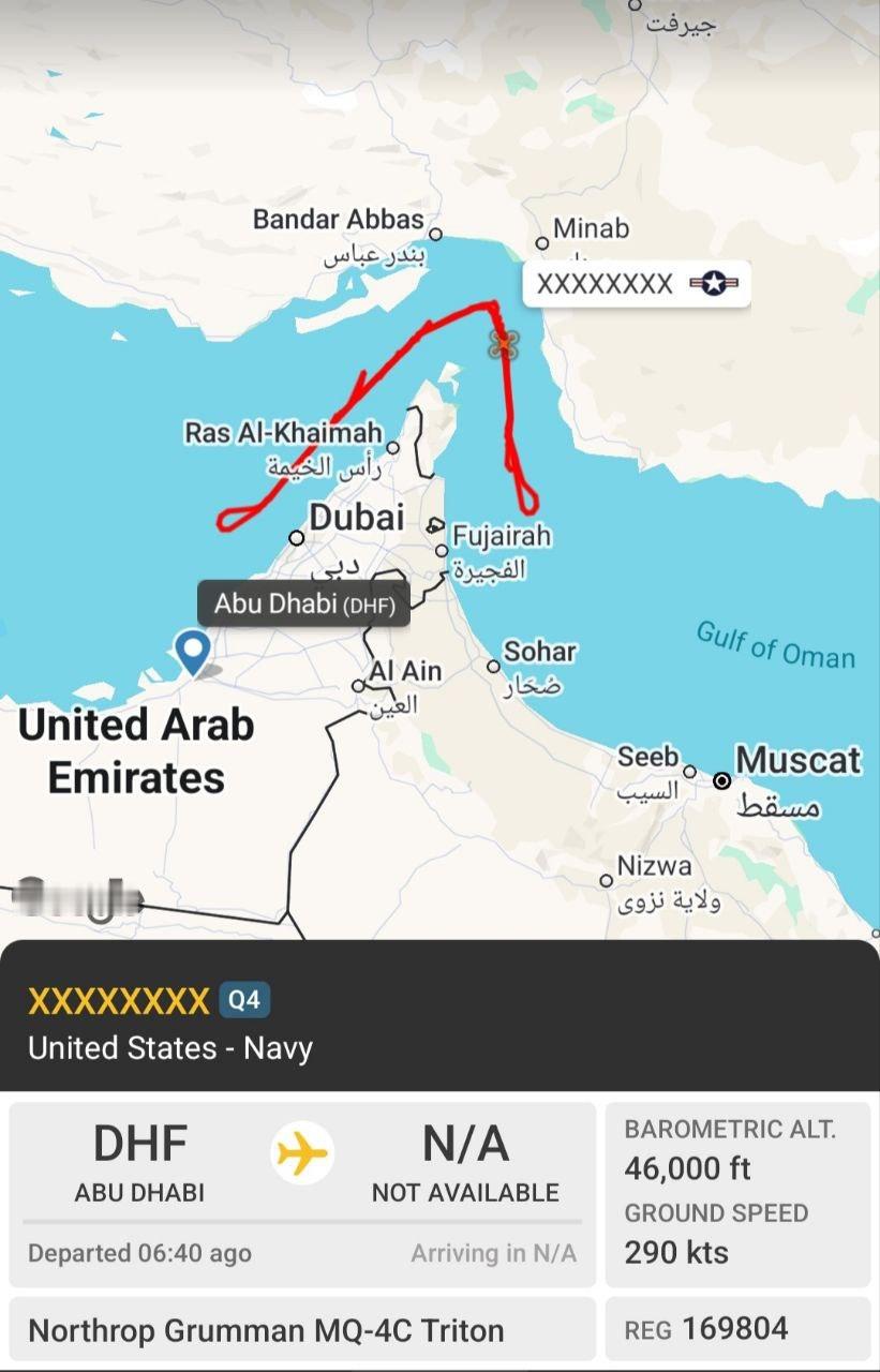 美国海军侦察无人机再次飞抵霍尔木兹海峡上空，正在对相关区域进行侦查测绘。何天恩