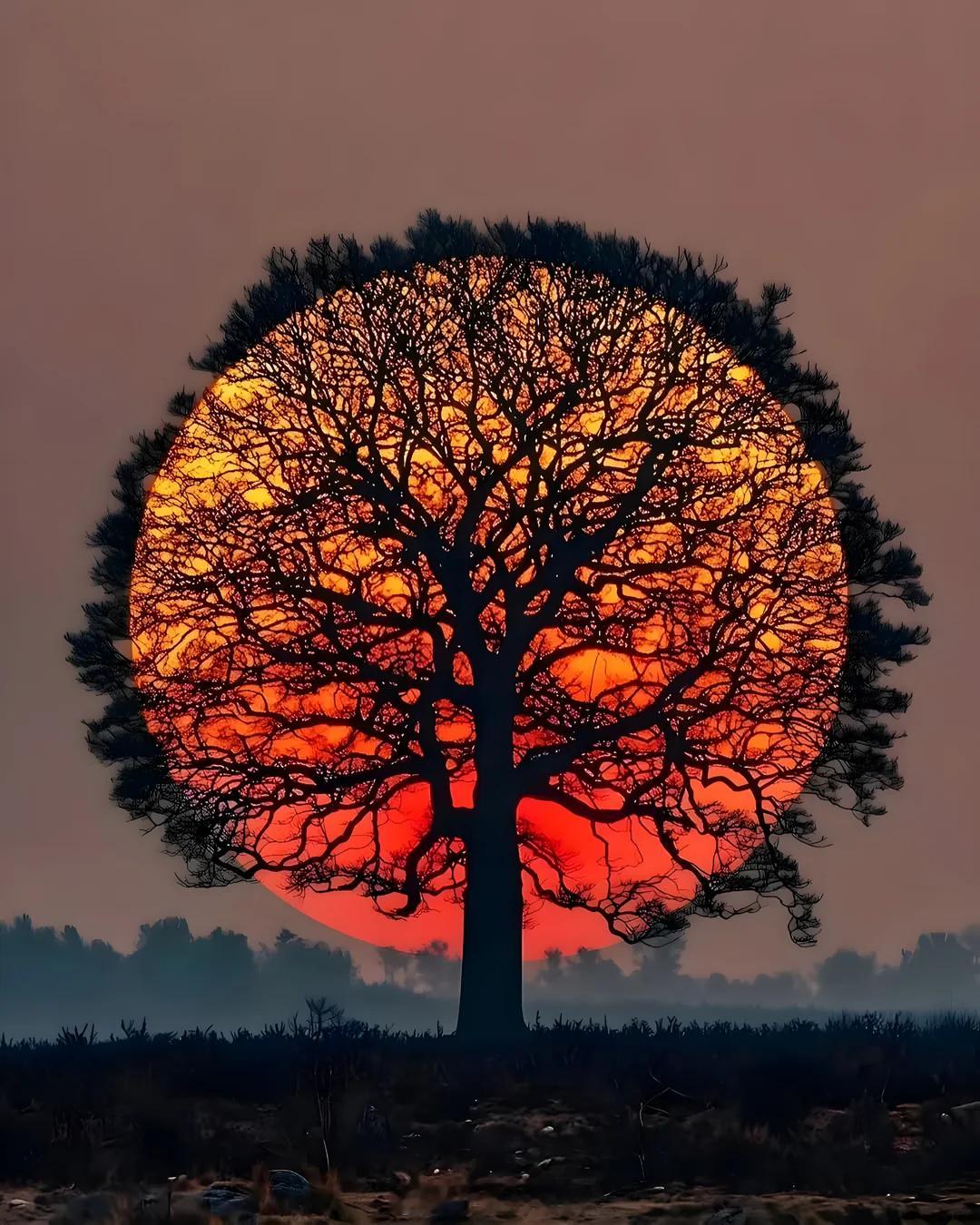 荷兰的夕阳完美地落在树枝中间 