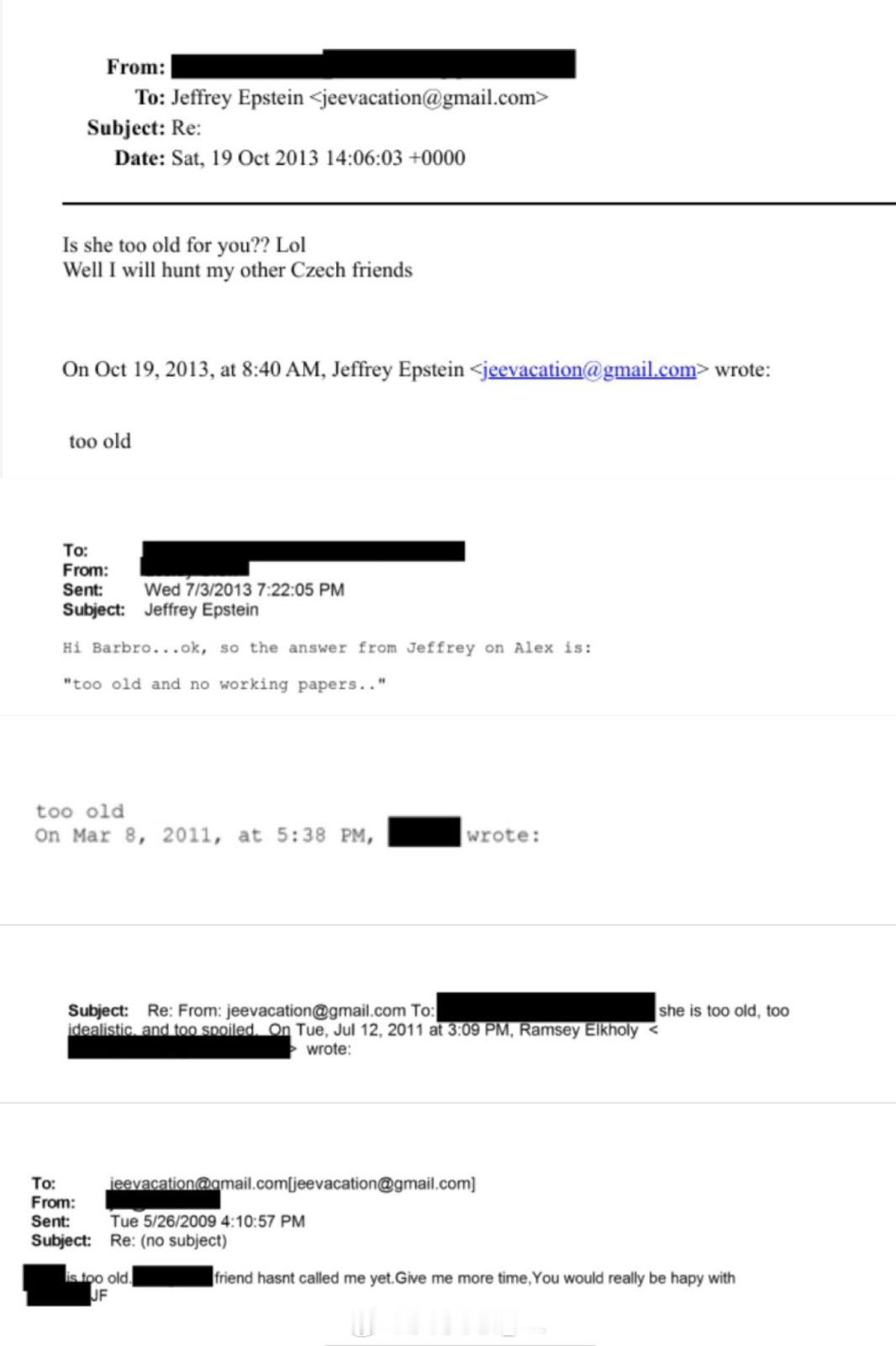 爱泼斯坦似乎非常在乎女孩的年龄问题。在一封邮件中，他的联系人（姓名被涂黑）表示2