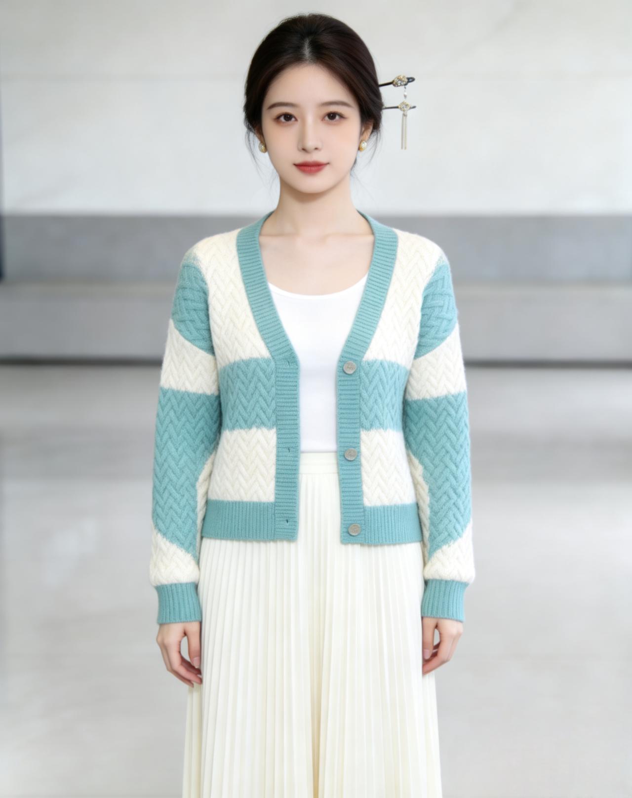 居家淑女型穿搭。
薄荷绿绞花纹理V领针织开衫，
内搭白色简约打底，
下配米白色百