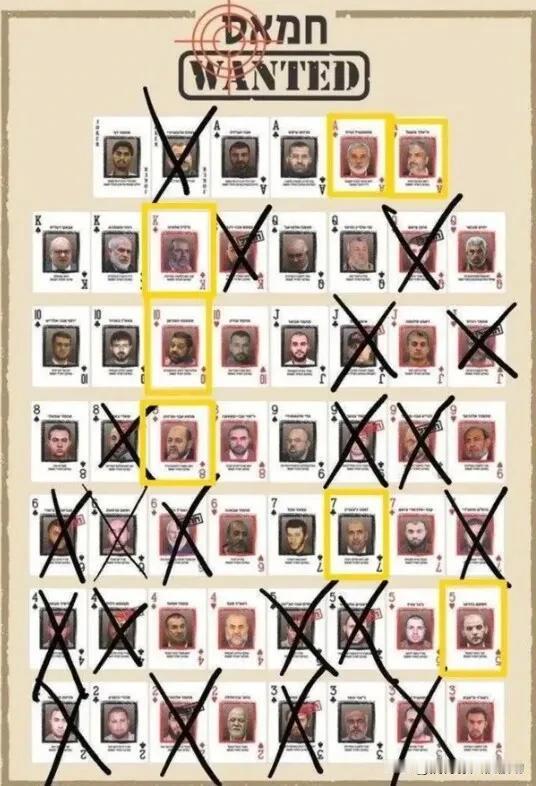哈马斯扑克牌通缉令中已有20人遭除名，以色列方面发布消息。黄色标记部分是在国外的