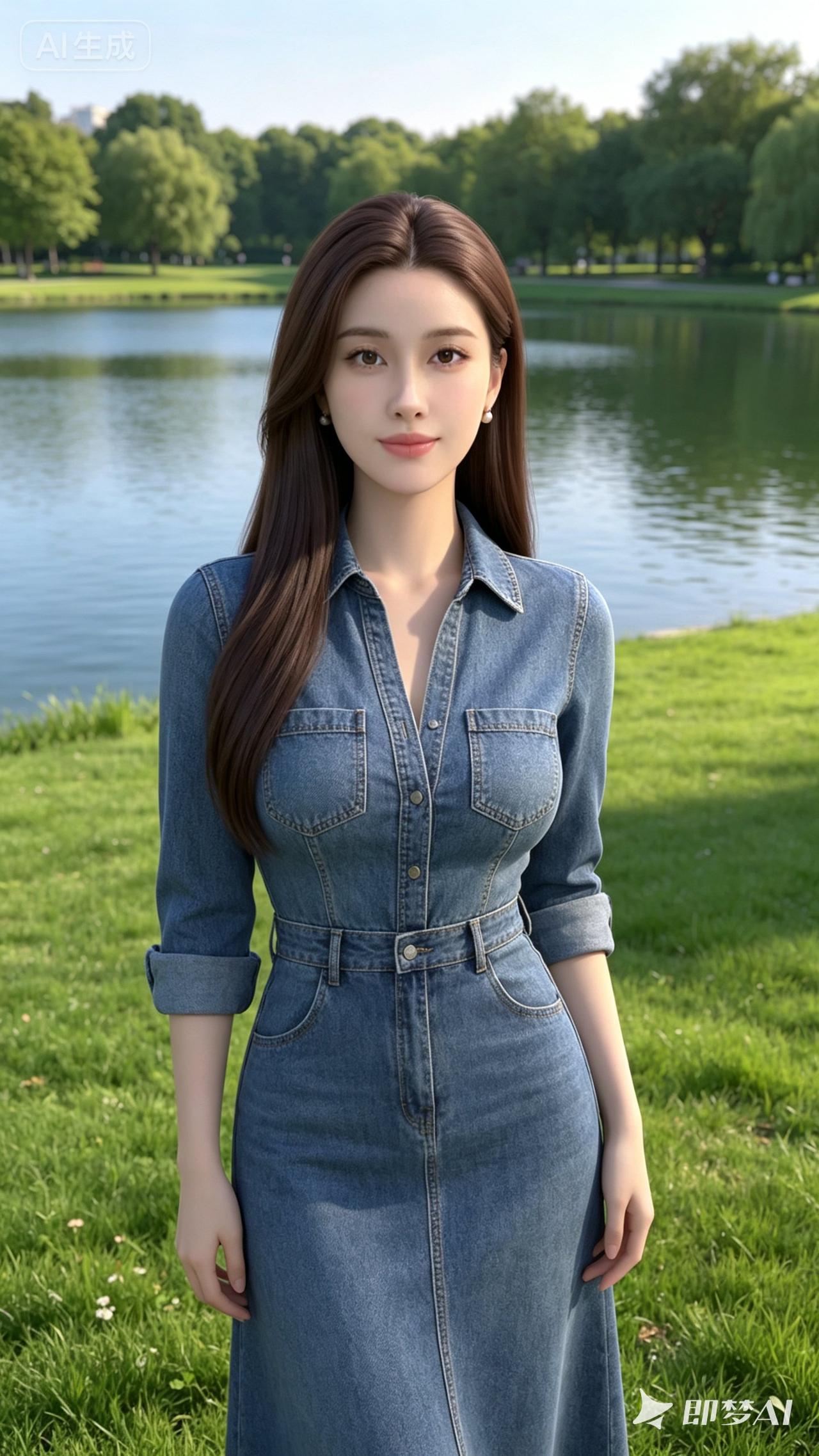 一个美女站在湖边的草地上。