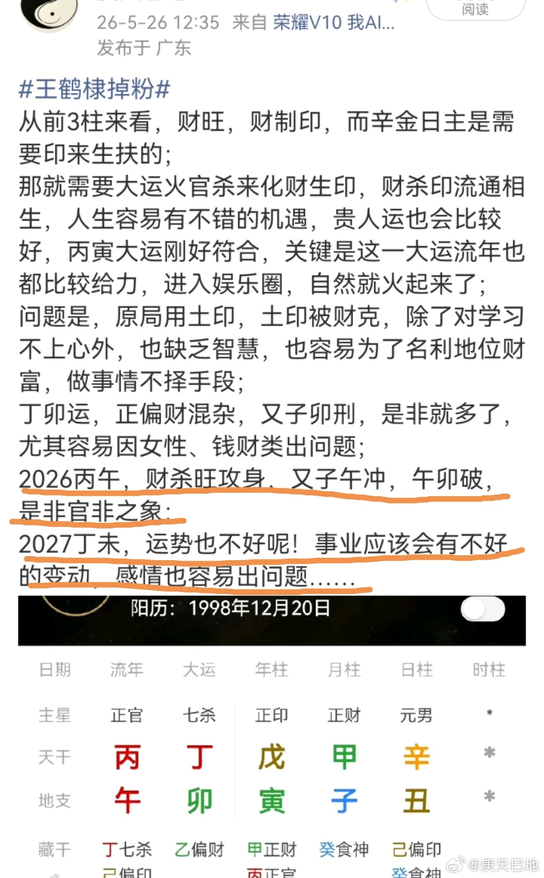 王鹤棣被造谣维权难度2026丙午，官杀旺攻身的年份，注定是非官非多，还是退居幕后